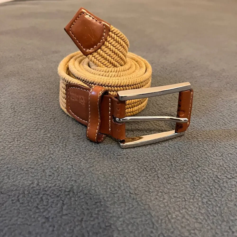 Torino Belt Mens  40-42 Tan Beige Leather Woven Braided Preppy Quiet Luxury USA